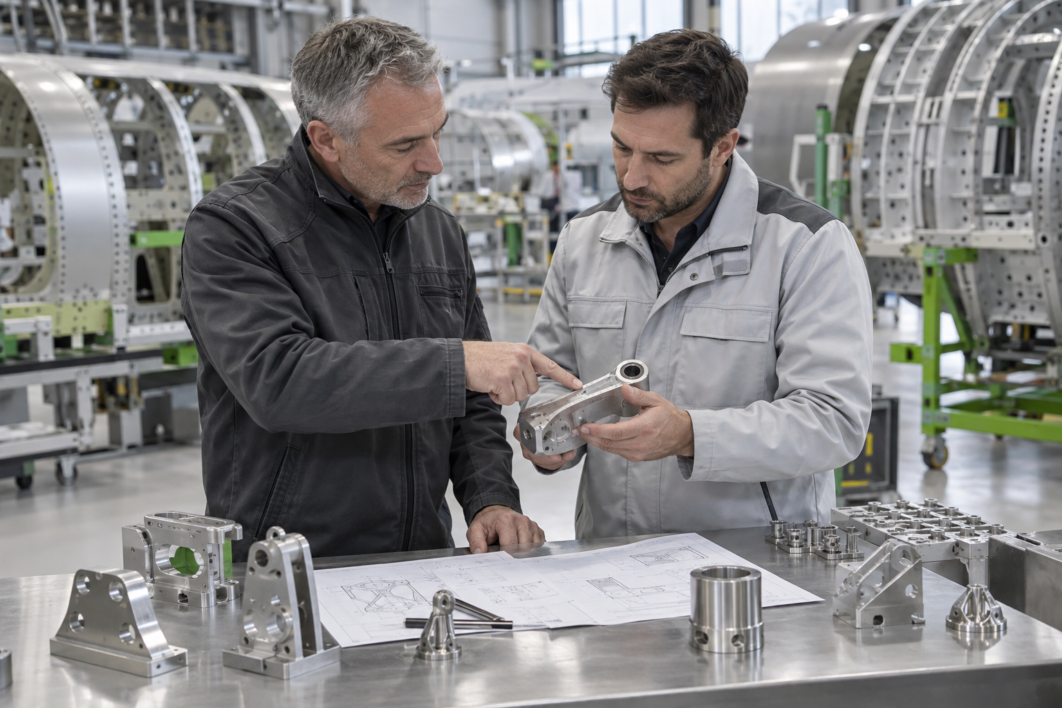 Deux professionnels analysant une pièce métallique et des plans dans un atelier aéronautique
