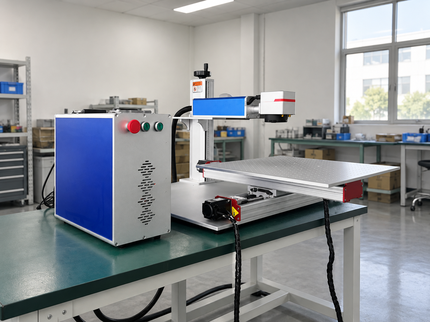 Système laser LEXFAB à tête galvanométrique fixe et table croisée automatisée dans une salle de production